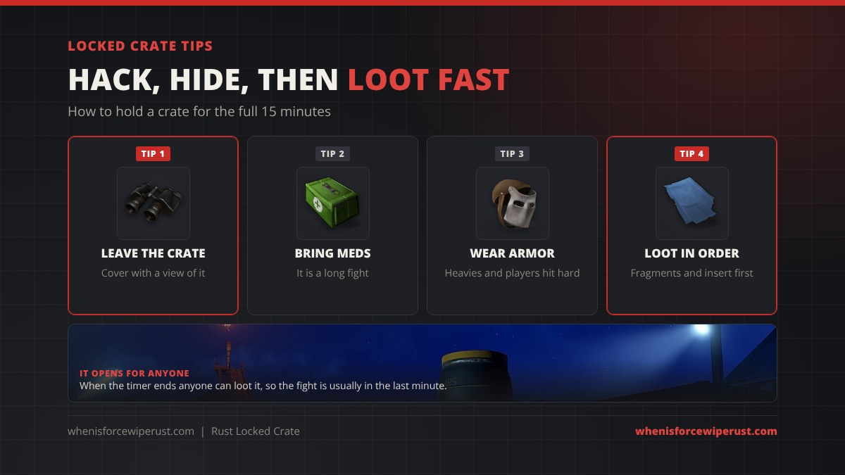 Rust locked crate tips: hack it and then move off the crate into cover, bring meds and armor, watch the approaches with binoculars, and loot the Advanced Blueprint Fragments and armor insert first