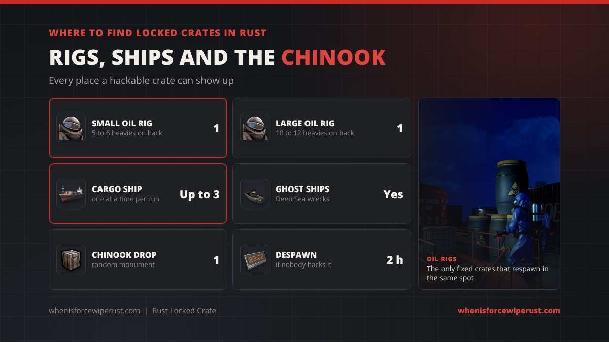 Where to find locked crates in Rust: the Small Oil Rig and Large Oil Rig with one crate each, the Cargo Ship with up to 3 per run, Ghost Ships in the Deep Sea, and the Chinook CH47 drop at monuments like the Airfield, Dome, Launch Site and Train Yard