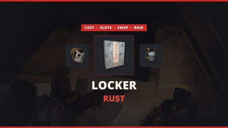 Rust locker featured image: the locker icon between a metal facemask and a metal chest plate over a real in-game Rust base