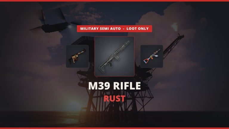 M39 Rust featured image: the M39 Rifle between the Semi-Auto Rifle and the AK over the Oil Rig at dusk