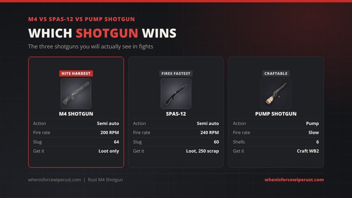 M4 Shotgun vs Spas-12 vs Pump Shotgun in Rust: M4 semi auto 200 RPM 64 slug damage loot only, Spas-12 semi auto 240 RPM 60 slug damage loot or 250 scrap at Bandit Camp, Pump Shotgun pump action 6 shells crafted at Workbench 2