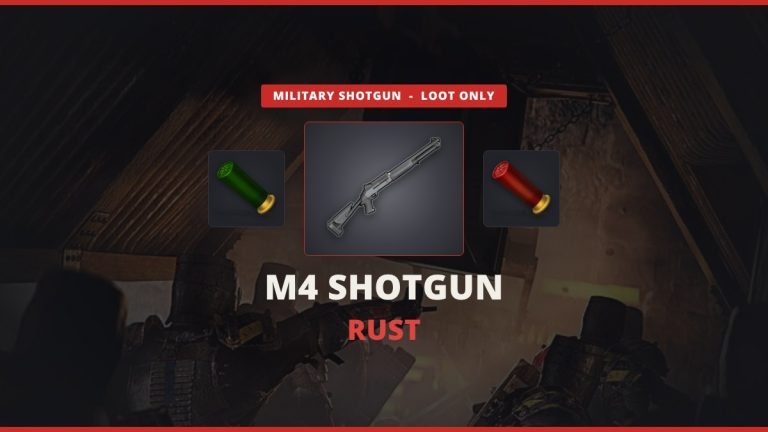 M4 Shotgun Rust featured image: the M4 Shotgun between a 12 gauge slug and a buckshot shell over an in-game close quarters fight