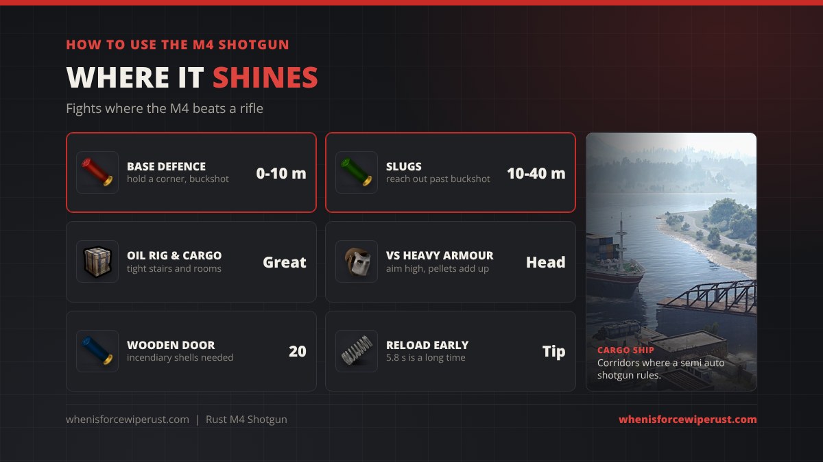 How to use the M4 Shotgun in Rust: base defence with buckshot at 0 to 10 metres, slugs from 10 to 40 metres, Oil Rig and Cargo Ship rooms, aim high against heavy armour, 20 incendiary shells for a wooden door, and reload early