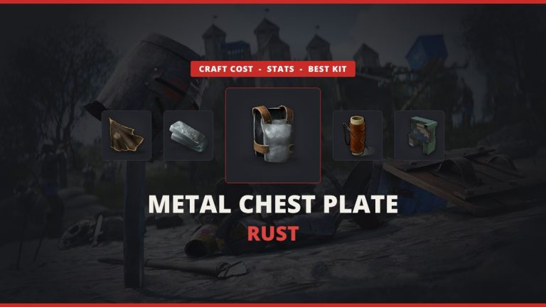 Metal Chest Plate Rust featured image: the Rust Metal Chest Plate icon between leather, high quality metal, a sewing kit and a Workbench 3 over darkened official Rust art