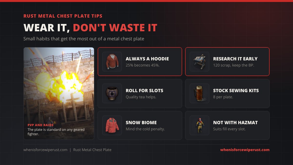 Rust metal chest plate tips: always wear a hoodie under it, research it early for 120 scrap, roll for insert slots with a crafting quality tea, stock sewing kits, mind the cold penalty in the snow biome, and you cannot wear it with a hazmat suit