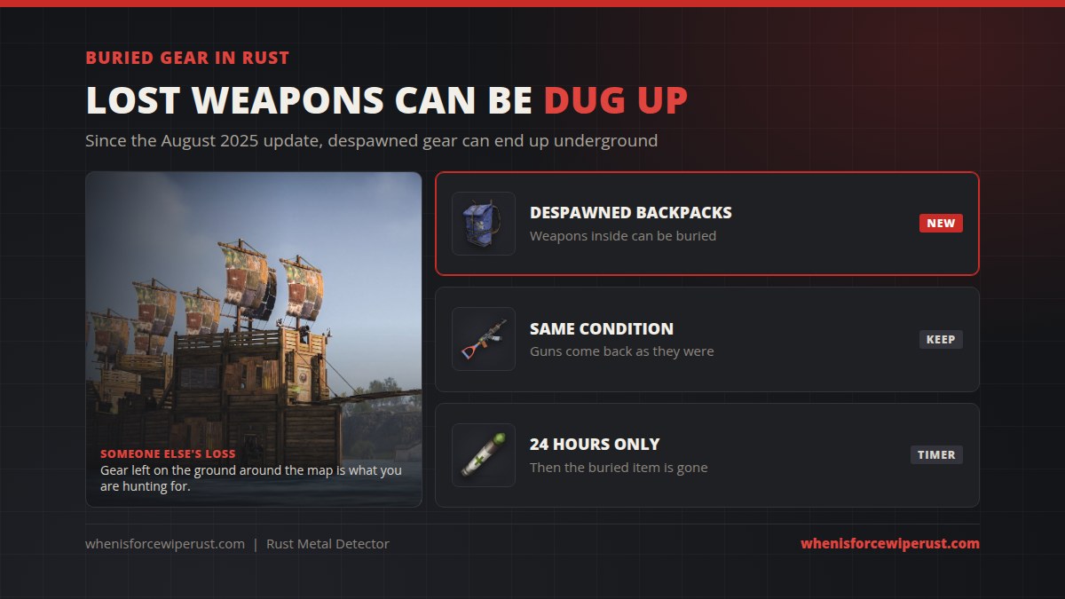 Buried gear in Rust since the August 2025 update: weapons from despawned backpacks can be buried, they come back in the same condition, and buried items only last 24 hours