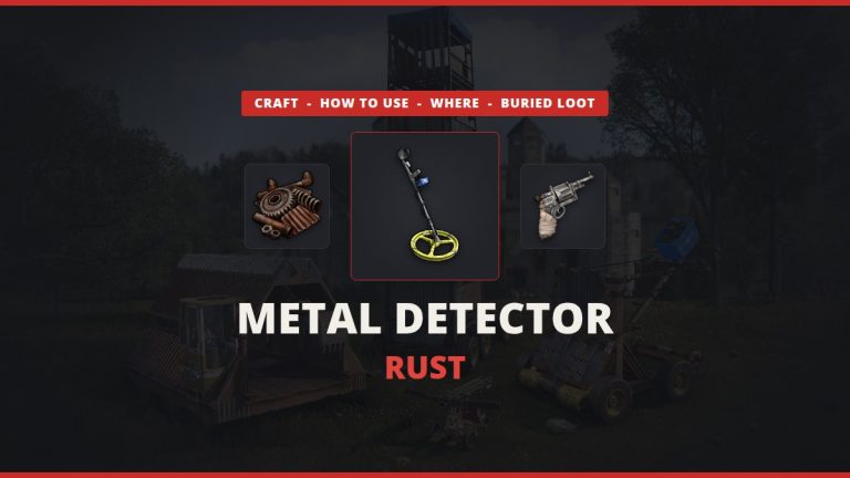 Rust metal detector featured image: the metal detector icon between scrap and a revolver over real in-game Rust art