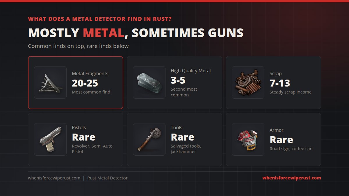 What a metal detector finds in Rust: 20-25 metal fragments, 3-5 high quality metal and 7-13 scrap are the common finds, while pistols, salvaged tools and road sign or coffee can armor are rare