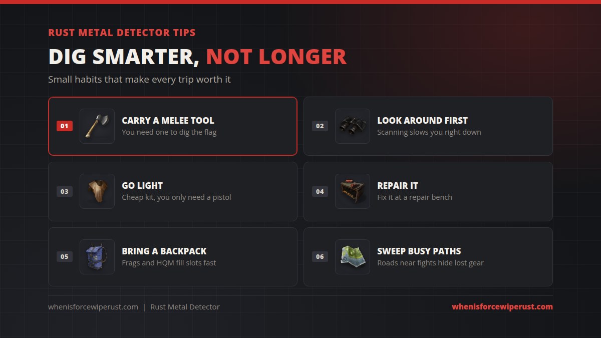 Rust metal detector tips: carry a melee tool, look around before scanning, go light with cheap kit, repair the detector at a repair bench, bring a backpack and sweep busy roads where gear gets lost