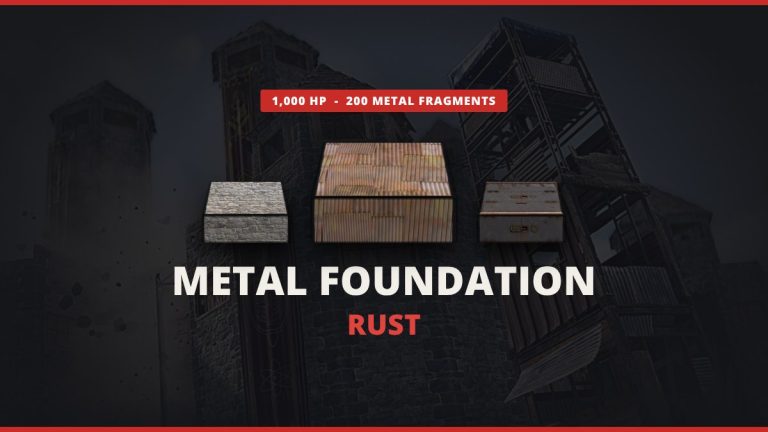 Rust metal foundation featured image: stone, sheet metal and armored foundation blocks built from the real in-game building textures over an in-game Rust base screenshot