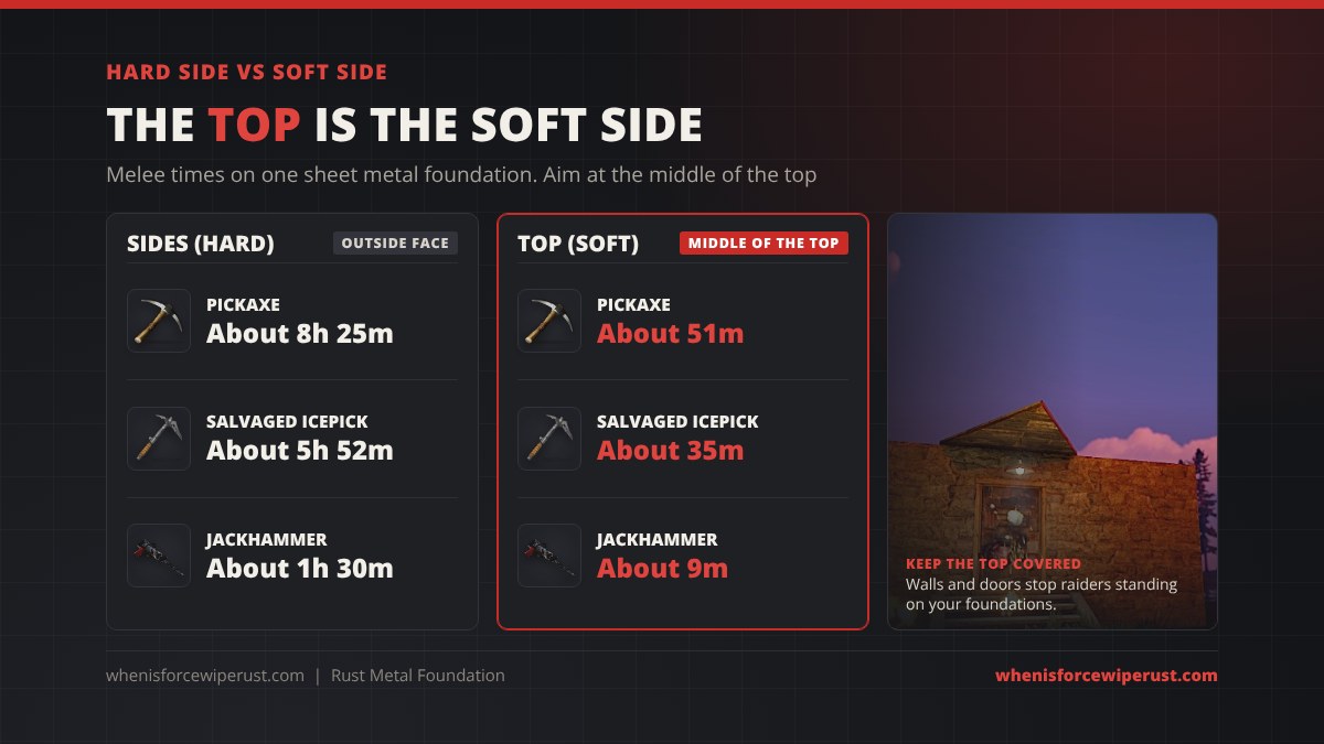 Rust metal foundation hard side vs soft side: from the side a pickaxe takes about 8 hours 25 minutes, a salvaged icepick 5 hours 52 minutes and a jackhammer 1 hour 30 minutes; from the top a pickaxe takes about 51 minutes, a salvaged icepick 35 minutes and a jackhammer 9 minutes