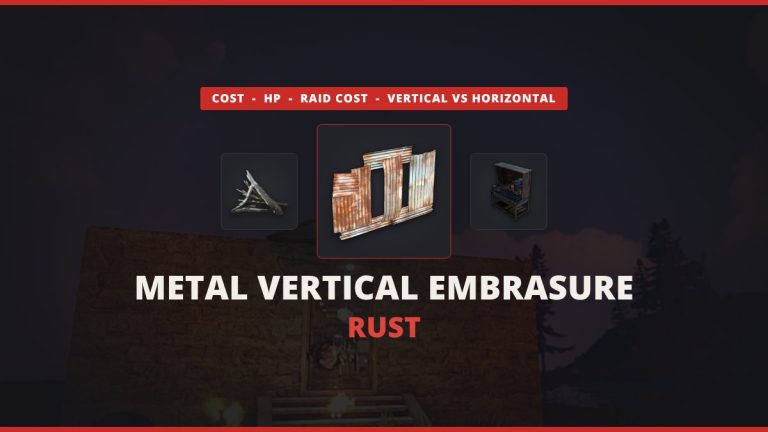 Metal Vertical Embrasure Rust featured image: the Rust Metal Vertical Embrasure icon between metal fragments and a Workbench 2 over an in-game base screenshot