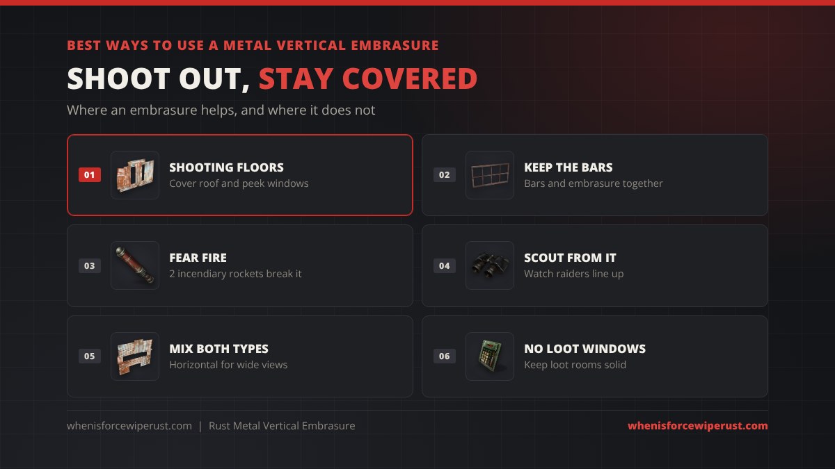 Tips for the metal vertical embrasure in Rust: use it on shooting floors, keep window bars behind it, watch out for incendiary rockets, scout from it, mix vertical and horizontal embrasures, and keep loot rooms windowless