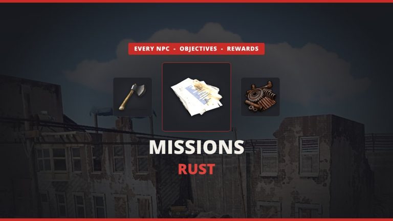 Missions Rust featured image: mission documents between a Hatchet and scrap over an in-game shot of the Outpost