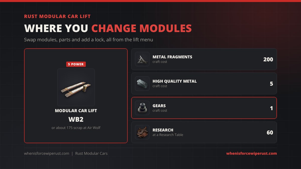 Rust Modular Car Lift: crafts at Workbench 2 for 200 metal fragments, 5 high quality metal and 1 gear, needs 5 power, researches for 60 scrap, or buy it for about 175 scrap at Air Wolf