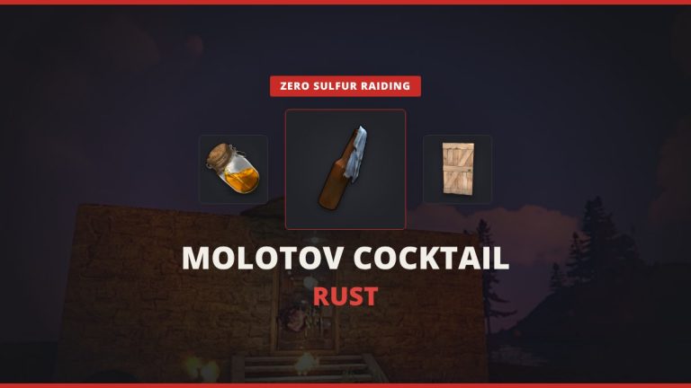 Molotov Rust featured image: the Molotov Cocktail between low grade fuel and a wooden door over an in-game Rust raid screenshot