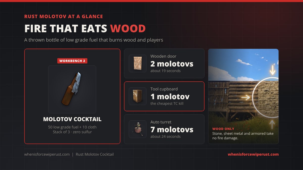 Molotov Rust at a glance: the Molotov Cocktail costs 50 low grade fuel and 10 cloth at a Workbench 2, stacks to 3, takes 2 molotovs for a wooden door, 1 for a tool cupboard and 7 for an auto turret, and does nothing to stone, sheet metal or armored