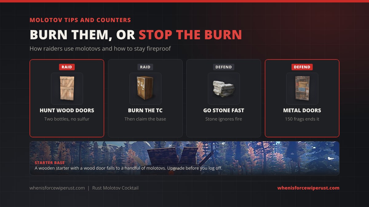 Rust molotov tips and counters: raiders hunt wooden doors with two bottles and burn the tool cupboard, defenders upgrade to stone fast and swap to metal doors for 150 metal fragments