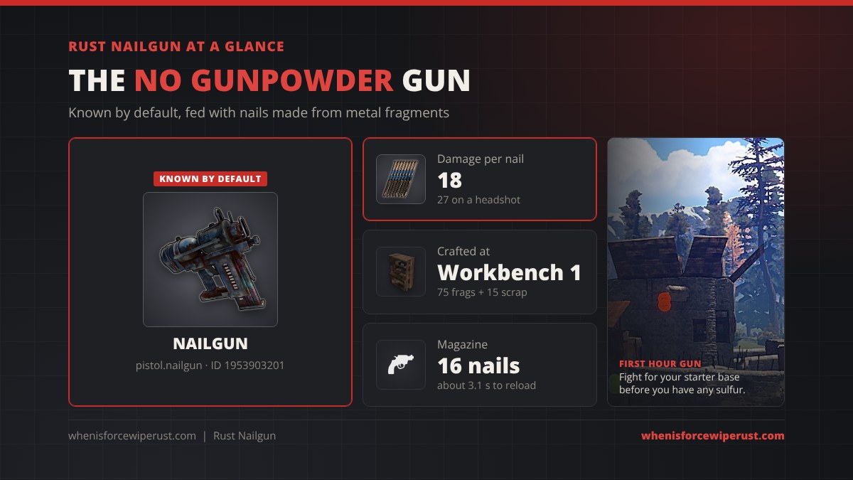 Nailgun Rust at a glance: a default blueprint crafted at Workbench 1 for 75 metal fragments and 15 scrap that does 18 damage per nail and 27 on a headshot, with a 16 nail magazine and about a 3.1 second reload