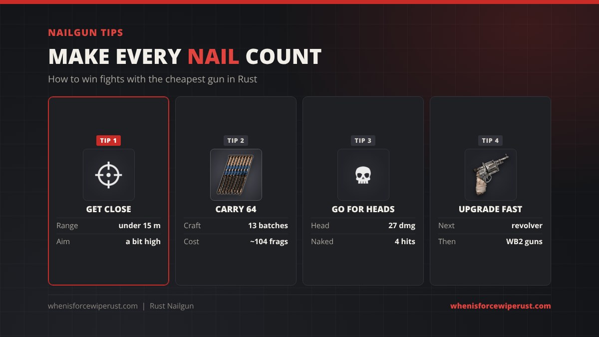 Rust nailgun tips: get within 15 metres and aim a bit high, carry a full 64 nail stack for about 104 metal fragments, go for 27 damage headshots for a 4 hit naked kill, and upgrade to a revolver and Workbench 2 guns fast