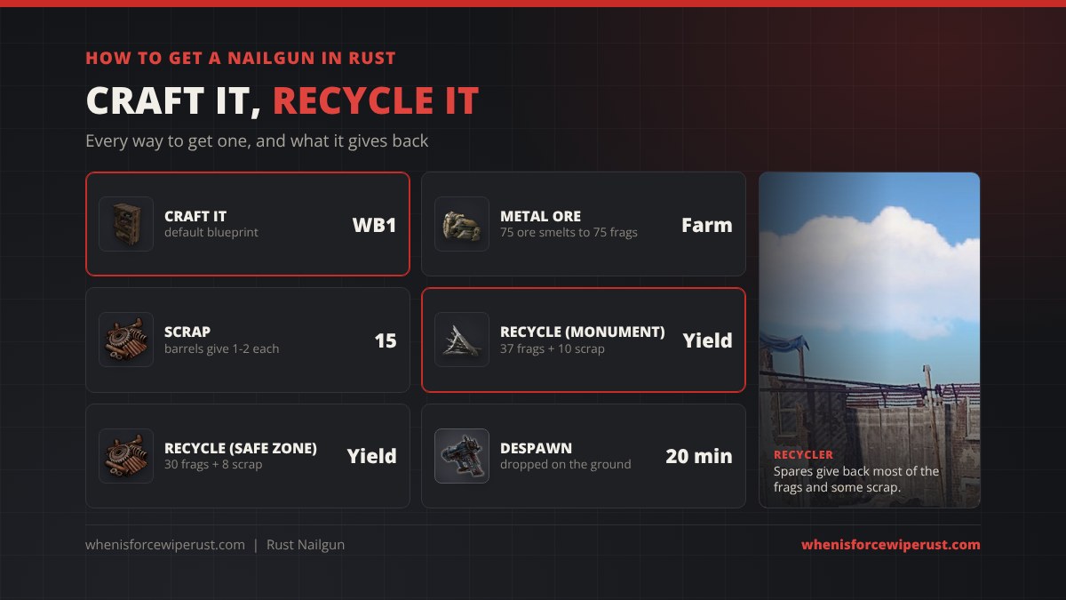 How to get a nailgun in Rust: craft it at Workbench 1 with the default blueprint from 75 metal fragments and 15 scrap, and recycle a spare for 37 metal fragments and 10 scrap at a monument or 30 fragments and 8 scrap at a safe zone; it despawns 20 minutes after being dropped