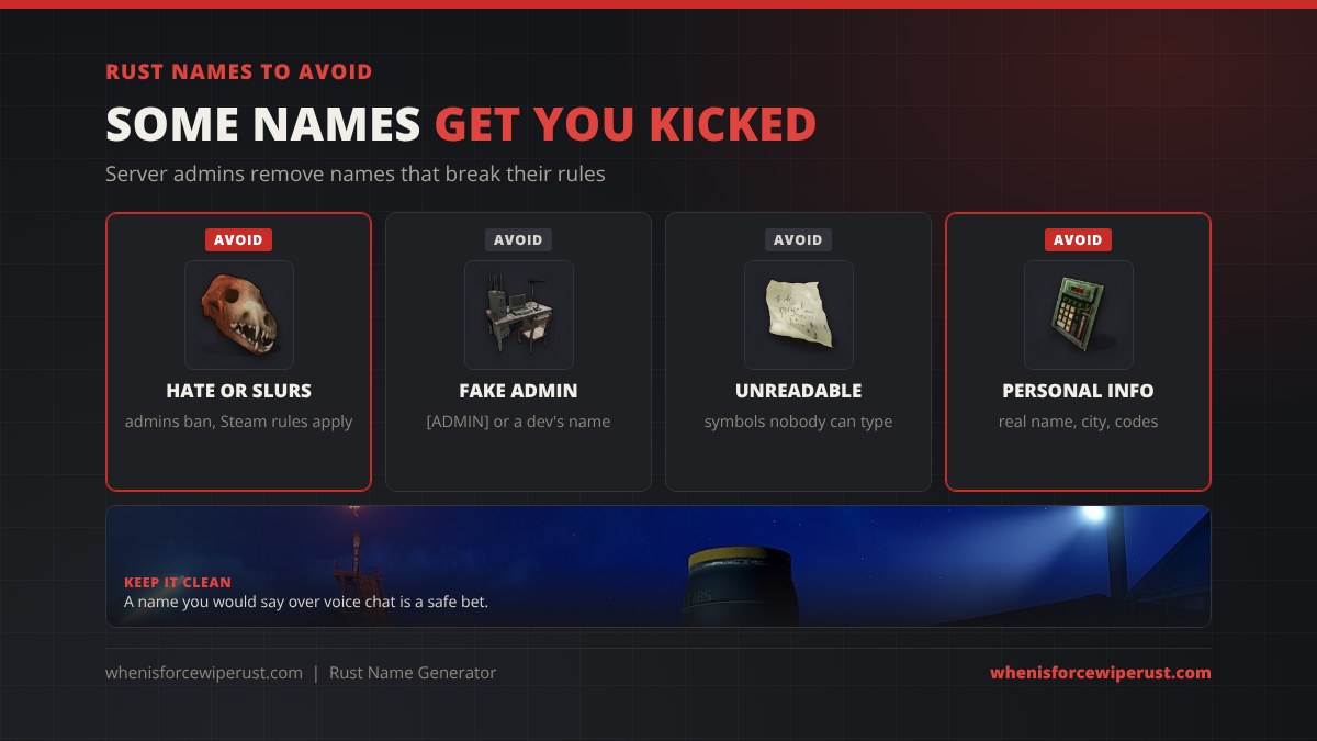 Rust names to avoid: hate speech or slurs, fake admin tags like [ADMIN] or a developer's name, unreadable symbols nobody can type, and personal info like your real name, city or door codes