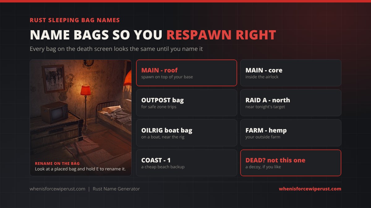Rust sleeping bag name ideas: MAIN roof, MAIN core, OUTPOST bag, RAID A north, OILRIG boat bag, FARM hemp, COAST 1 and a decoy bag; look at a placed bag and hold E to rename it