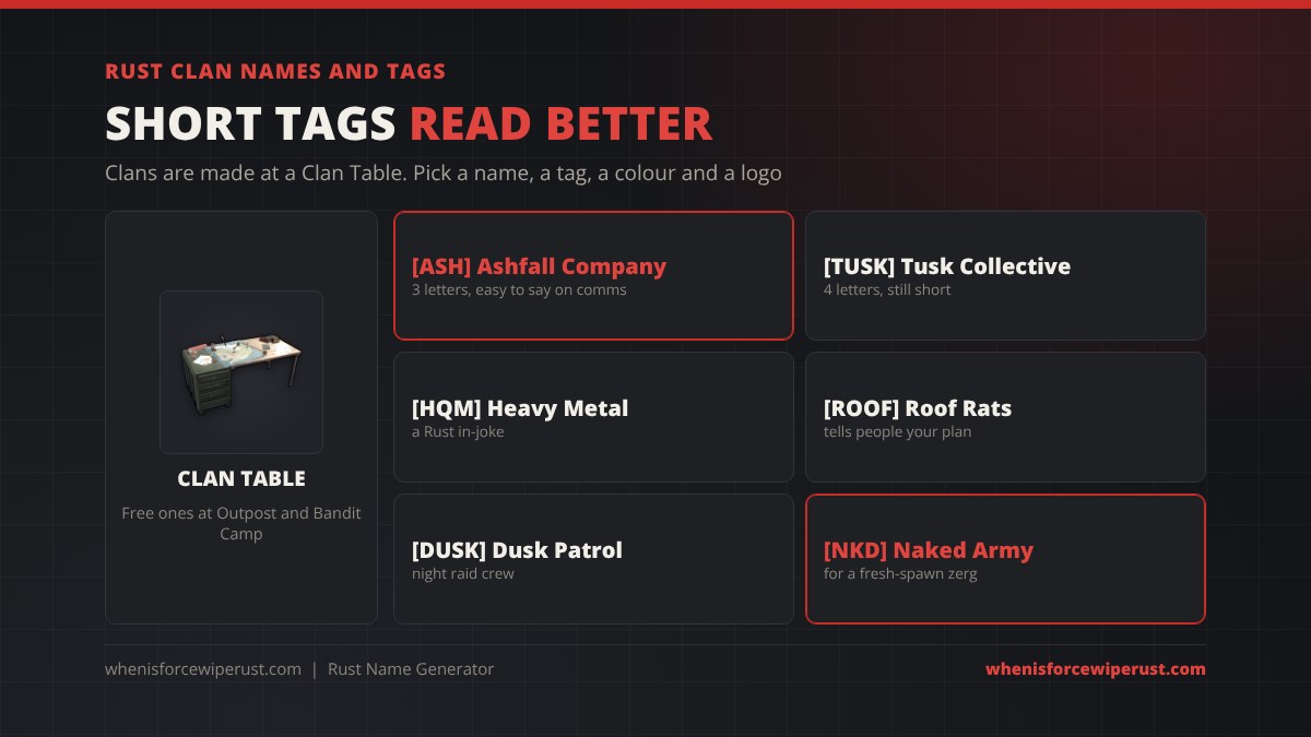 Rust clan name and tag ideas made at a Clan Table: [ASH] Ashfall Company, [TUSK] Tusk Collective, [HQM] Heavy Metal, [ROOF] Roof Rats, [DUSK] Dusk Patrol and [NKD] Naked Army