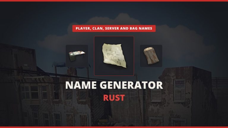 Rust name generator featured image: a note between a Clan Table and a sleeping bag over a darkened Outpost scene