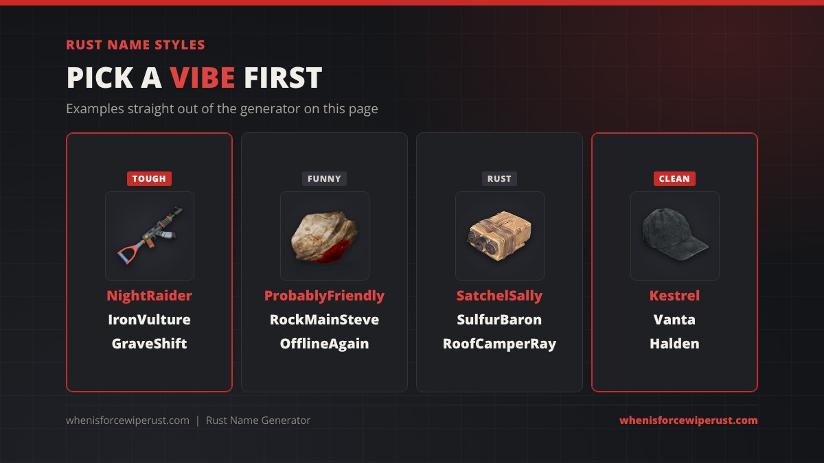 Rust name styles from the generator: tough names NightRaider, IronVulture and GraveShift; funny names ProbablyFriendly, RockMainSteve and OfflineAgain; Rust-themed names SatchelSally, SulfurBaron and RoofCamperRay; clean names Kestrel, Vanta and Halden