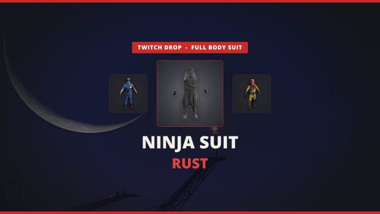 Ninja Suit Rust featured image: the black Ninja Suit between Surgeon Scrubs and the Hazmat Suit over a night-time Rust screenshot