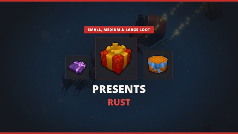 Rust presents featured image: the small, medium and large present icons over an in-game shot of Santa's sleigh at night