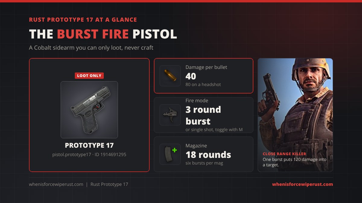 Prototype 17 Rust at a glance: a loot only pistol that does 40 damage per bullet and 80 on a headshot, fires a 3 round burst or single shots and holds 18 rounds