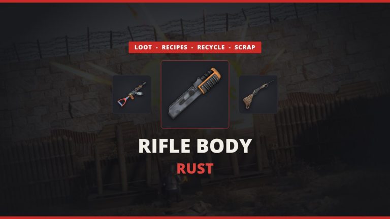 Rust rifle body featured image: the rifle body icon between the Assault Rifle and Bolt Action Rifle over a real in-game Rust raid