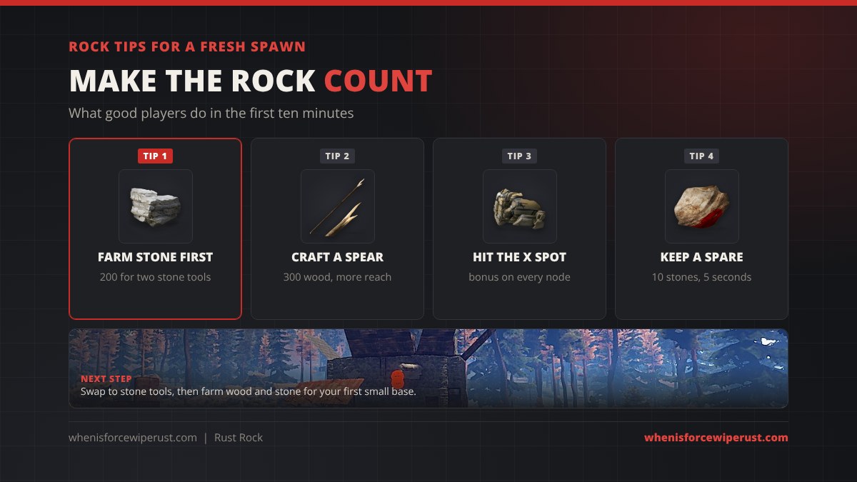 Rust rock tips: farm 200 stones first for two stone tools, craft a wooden spear for 300 wood, hit the bright spot on every node, keep a spare rock for 10 stones