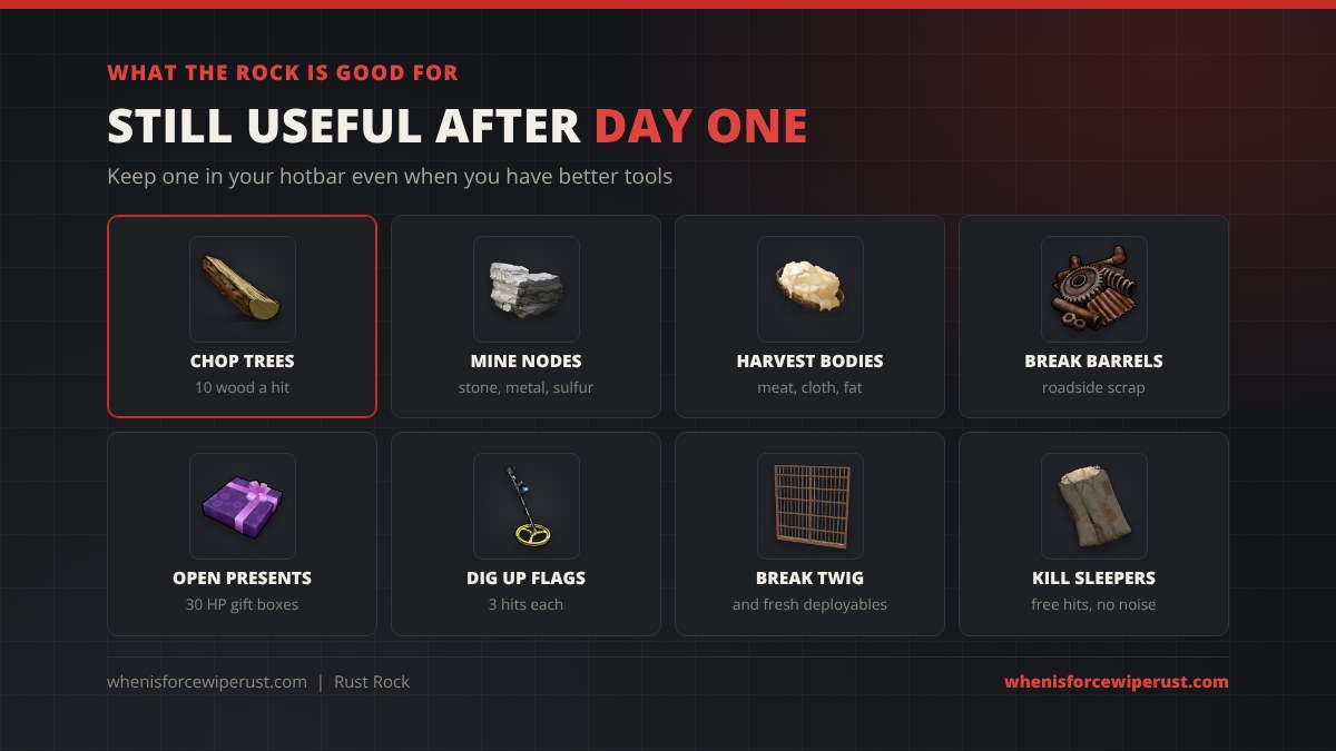 What the rock is good for in Rust: chopping trees, mining stone metal and sulfur nodes, harvesting bodies, breaking barrels, opening presents, digging up metal detector flags, breaking twig and hitting sleepers