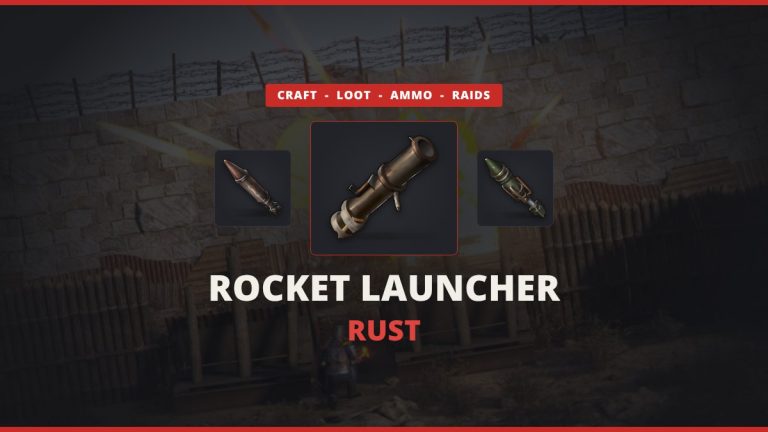 Rocket Launcher Rust featured image: the rocket launcher between a rocket and an HV rocket over official Rust raid art