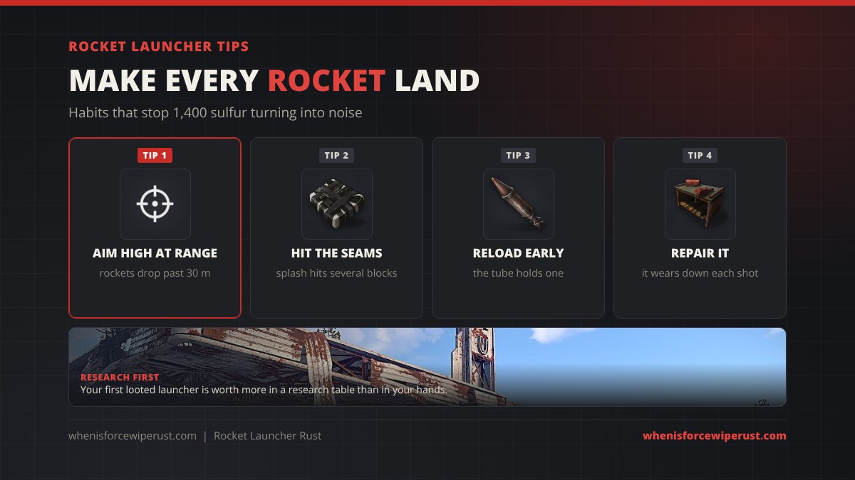 Rocket launcher tips for Rust: aim high at range because rockets drop past 30 metres, aim at seams for splash, reload before you need to, and repair the launcher at a repair bench