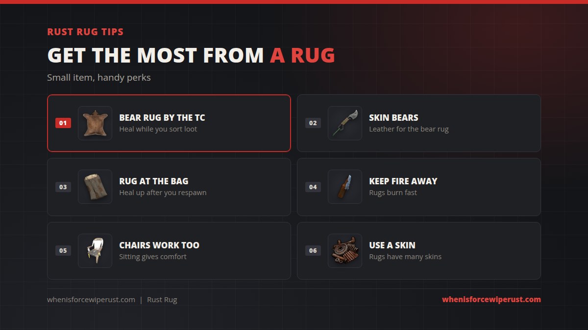 Rust rug tips: put a bear rug by the tool cupboard, skin bears for leather, put a rug by your sleeping bag, keep fire away, chairs give comfort too, and rugs have many skins