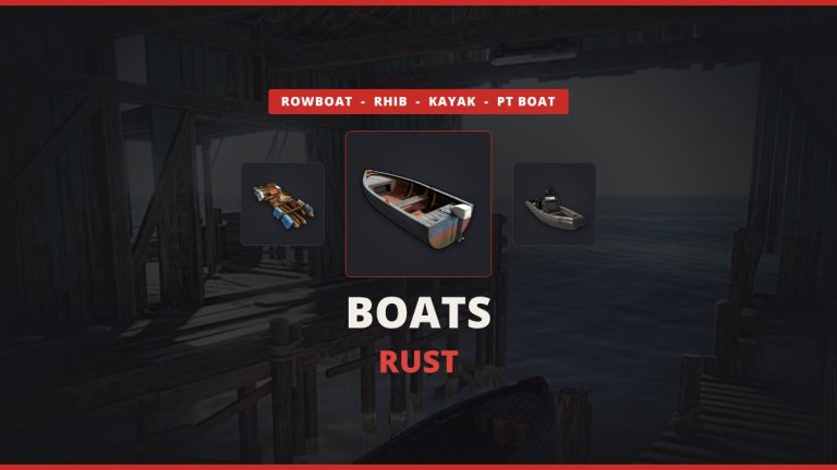 Rust boats featured image: the Motor Rowboat icon between the kayak and the RHIB over a real in-game Fishing Village boathouse with a rowboat at the dock