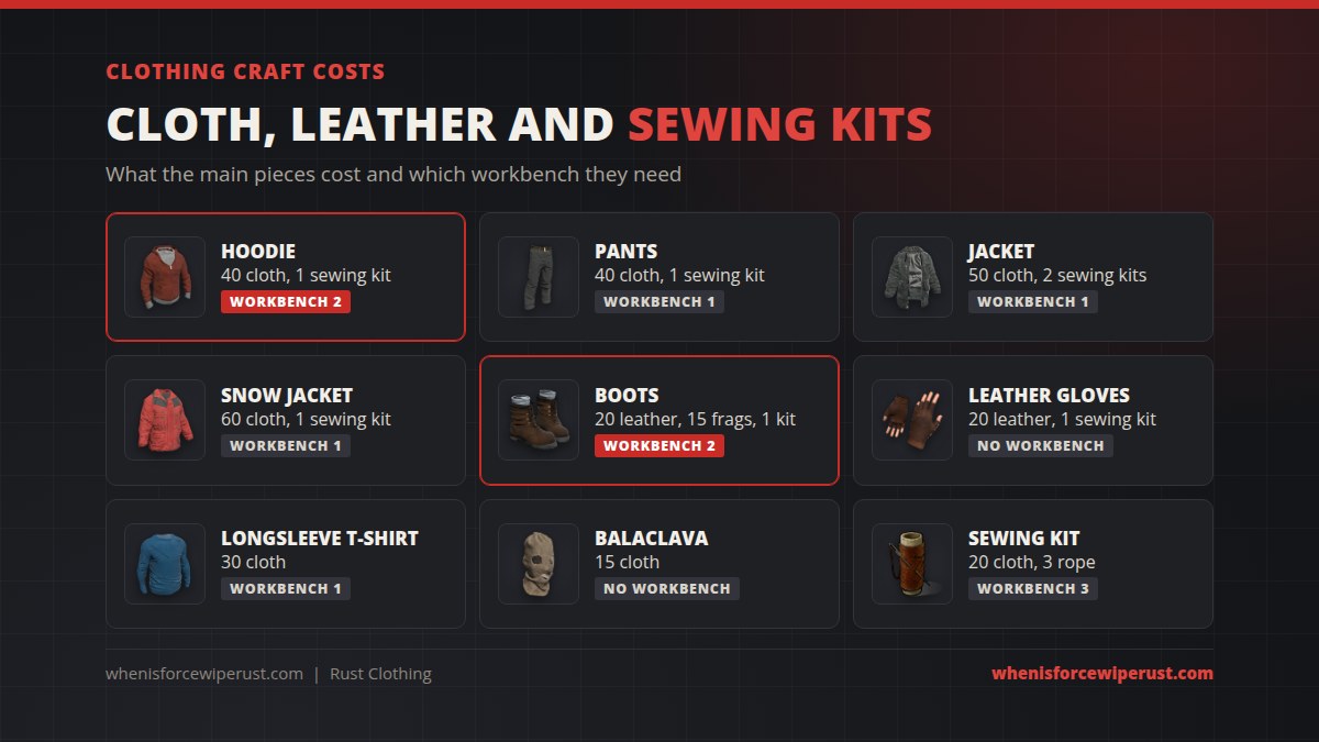 Rust clothing craft costs: Hoodie 40 cloth and 1 sewing kit at Workbench 2, Pants 40 cloth and 1 sewing kit at Workbench 1, Jacket 50 cloth and 2 sewing kits at Workbench 1, Snow Jacket 60 cloth and 1 sewing kit at Workbench 1, Boots 20 leather 15 metal fragments and 1 sewing kit at Workbench 2, Leather Gloves 20 leather and 1 sewing kit, Longsleeve T-Shirt 30 cloth, Balaclava 15 cloth, Sewing Kit 20 cloth and 3 rope at Workbench 3