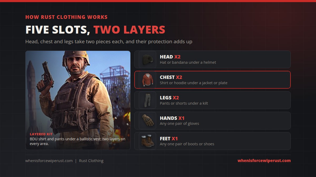 How Rust clothing works: five slots, with head, chest and legs taking two layers each and hands and feet taking one item, shown next to an in-game screenshot of a player in a BDU shirt and pants under a ballistic vest
