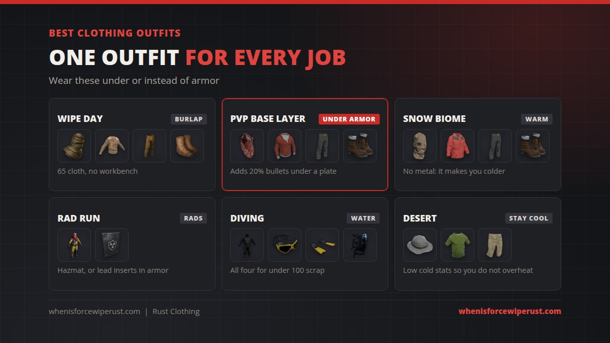 Best Rust clothing outfits: wipe day burlap set, PvP base layer of bandana hoodie pants and boots under armor, snow biome balaclava snow jacket pants and boots, rad run hazmat suit or lead inserts, diving wetsuit mask fins and tank, and desert boonie hat t-shirt and shorts