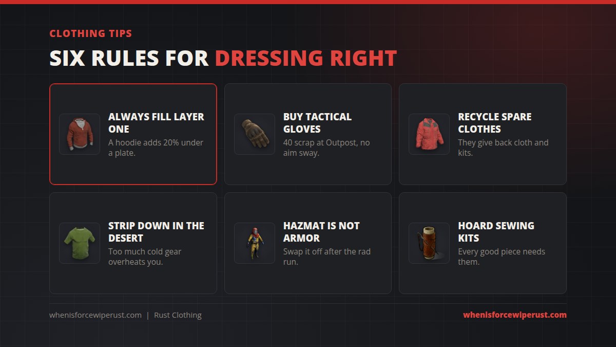 Rust clothing tips: always fill layer one since a hoodie adds 20 percent under a plate, buy tactical gloves for 40 scrap at Outpost, recycle spare clothes for cloth and sewing kits, strip down in the desert, the hazmat is not armor, and hoard sewing kits