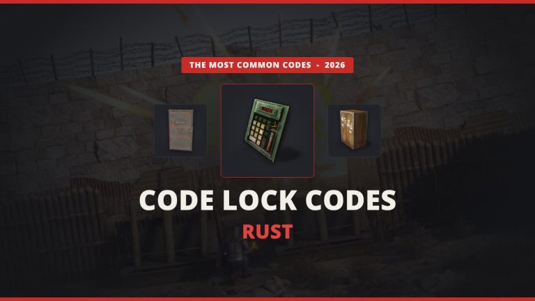Rust code lock codes featured image: the in-game code lock icon between an armored door and a tool cupboard over a real Rust raid screenshot