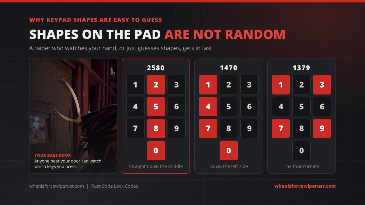 Rust code lock keypad shapes: 2580 goes straight down the middle column, 1470 goes down the left side and 1379 hits the four corners, and anyone near your door can watch which keys you press