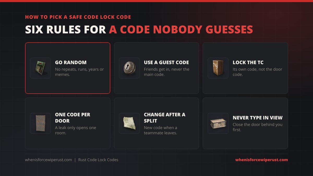 Six rules for a safe Rust code lock code: go random, use a guest code for friends, give the tool cupboard its own code, use one code per door, change the code when a teammate leaves, and never type a code where others can see