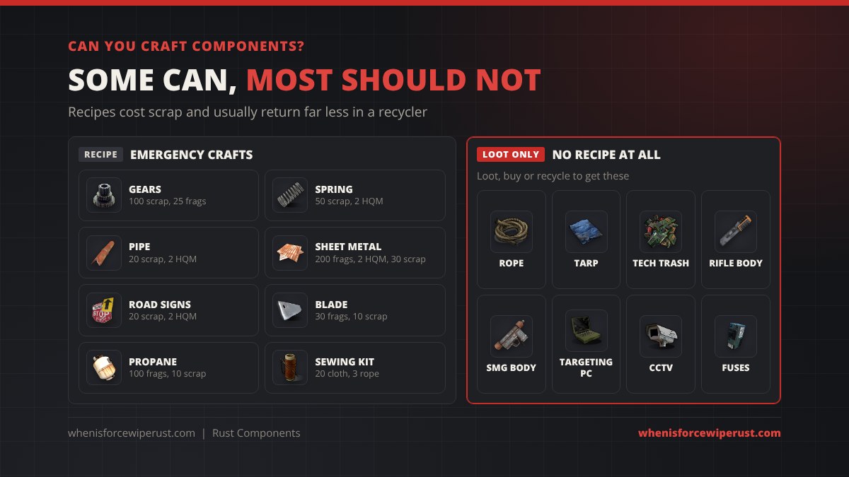 Which Rust components you can craft: gears, metal springs, metal pipes, sheet metal, road signs, metal blades, propane tanks and sewing kits have recipes, while rope, tarp, tech trash, rifle bodies, SMG bodies, targeting computers, CCTV cameras and fuses are loot only