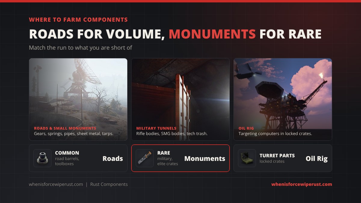 Where to farm Rust components: road barrel runs for gears, springs, pipes and sheet metal, Military Tunnels and Launch Site for rifle bodies and tech trash, and the Oil Rig for targeting computers, shown with real Rust screenshots