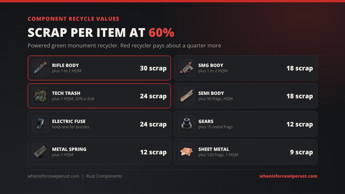 Rust component scrap values at a powered green recycler: rifle body 30 scrap, tech trash 24, electric fuse 24, SMG body 18, semi automatic body 18, gears 12, metal spring 12 and sheet metal 9 to 10 plus 120 metal fragments